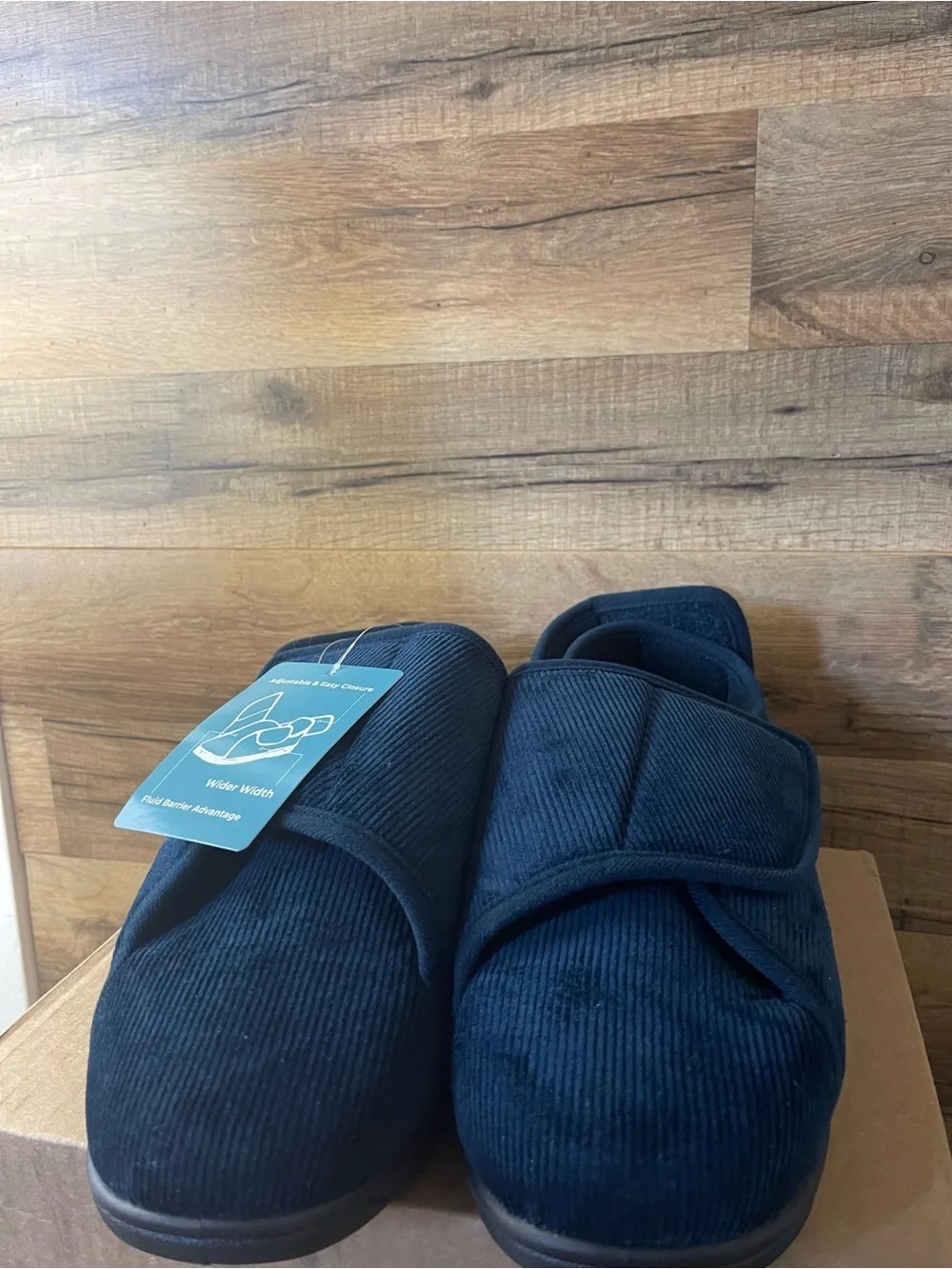 Home Top Mens Size 10 Navy Corduroy Adjustable Hook & Loop Memory Foam Slippers
